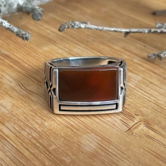 925 Sterling Silver Men's Ring With Agate Stone - Picture 8 of 12